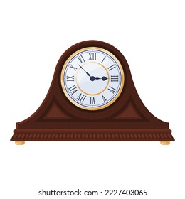 Vintage table clock classic brown wooden time measure with roman numerals vector flat illustration. Retro watch round desk with arrows deadline meeting appointment checking timing dial control