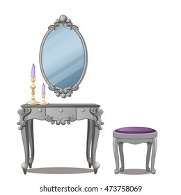 A vintage table for cosmetics and a mirror with frame, isolated on white background. Vector illustration.
