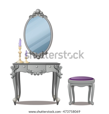 A vintage table for cosmetics and a mirror with frame, isolated on white background. Vector illustration.
