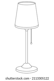 Vintage table lamp on a leg with a lampshade - a vector linear picture for coloring with an interior item. Outline. Table lamp in scandinavian style