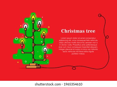 Vintage table lamp with a silhouette of a green Christmas tree on a red background. New Year and Christmas holiday concept
