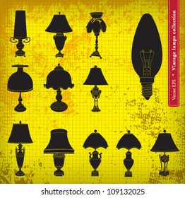 Vintage table lamp silhouette with grunge backdrop illustration set (11 pieces + 1 candle light bulb)