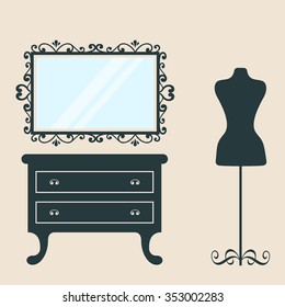vintage table and mirror and mannequin