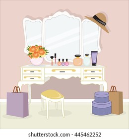 Vintage table with mirrors and cosmetic. Flat style vector illustration.