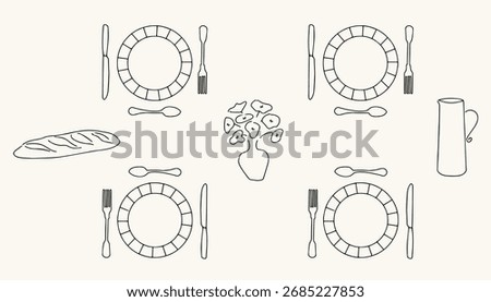 Vintage table setting vector illustration with plates, cutlery, bread and flowers, minimalist graphic design	