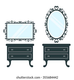 vintage table and square and oval mirror on a white background
