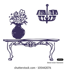 Vintage table, vase with flowers and chandelier. Hand drawn sketch illustration isolated on white background