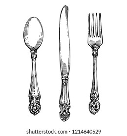 Vintage tableware line art. Retro spoon, fork, knife cutlery hand drawn doodle sketch stock vector illustration