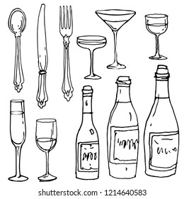 Vintage tableware line art. Retro spoon, fork, knife hand drawn doodle sketch stock vector illustration