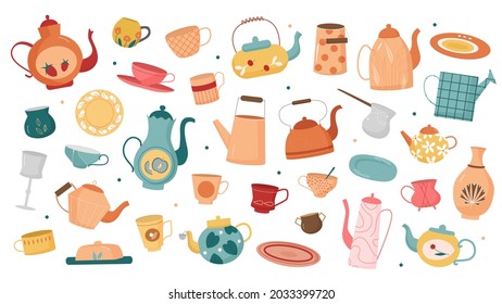 Vintage tableware set, retro home kitchen cutlery for cooking vector illustration. Cartoon tea cup, pot and plate with antique patterns, ceramic utensil, old crockery objects isolated on white