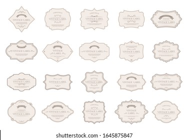 Vintage tag labels. Ornamental retro badges, decorative frame shapes and elegant label for wedding invitation card design elements vector isolated icon set. Victorian style sale paper stickers