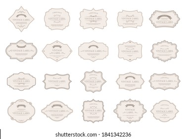 Vintage tag labels. Ornamental retro badges, decorative frame shapes and elegant label for wedding invitation card design elements vector isolated icon set. Victorian style sale paper stickers