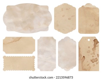 Vintage tags aged paper. Cardboard labels with coffee stains and smudges. Collection of retro stickers in beige color from old craft paper. Cut out vintage tags vector template for collage design.