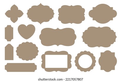 Vintage tags labels cut file set. Classic old fashioned label figured shapes for cutter machine. Craft paper badge cutting knife form. Retro tags silhouette pattern collection isolated on white.