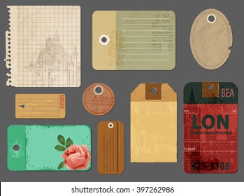 Vintage Tags and Scraps of Paper - Set of tattered torn notepaper pages and luggage labels, to be used for scrapbooks, journals, picture albums and as graphic resources for print