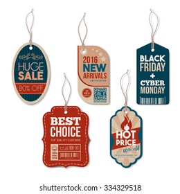 Vintage tags set with string, textured realistic paper, retail, sale and discount concept