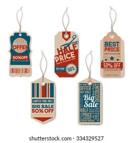 Vintage tags set with string, textured realistic paper, retail, sale and discount concept