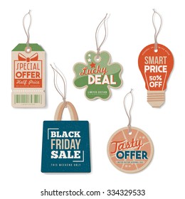 Vintage tags set with string, textured realistic paper, retail, sale and discount concept