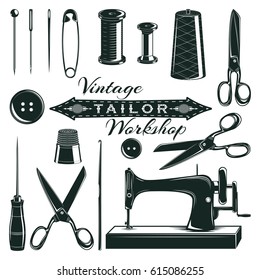 Vintage tailor elements set with buttons sewing machine pin needles thread spool scissors thimble awl isolated vector illustration