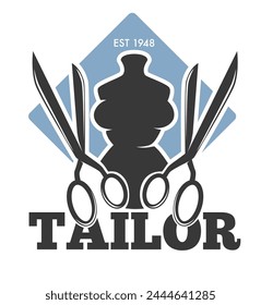 Vintage tailor logo with scissors and mannequin, vector illustration, black and blue design