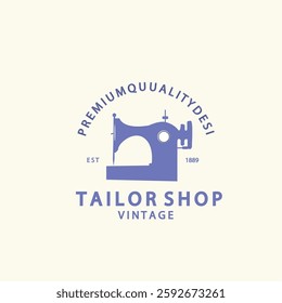 Vintage tailor shop logo. Premium quality design, established 1889. Classic sewing machine icon. Perfect for branding retro fashion or craft businesses