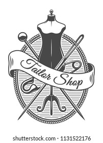 Vintage tailor shop monochrome logotype with female body mannequin crossed needles and safety pin isolated vector illustration