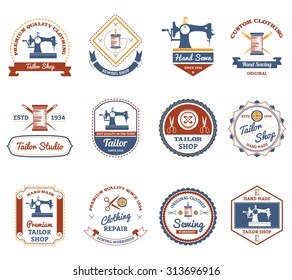 Vintage tailor shop original labels set with antique sewing machine and treads bobbin abstract isolated vector illustration