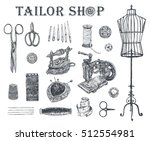 Vintage tailor shop. Tailor shears, needle and thread, spool of thread, Sewing Machine, thimble, charcoal iron, sartorial meter,  buttons, pin-cushion, tambour. Hand drawn sewing tools