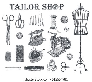 Vintage tailor shop. Tailor shears, needle and thread, spool of thread, Sewing Machine, thimble, charcoal iron, sartorial meter,  buttons, pin-cushion, tambour. Hand drawn sewing tools