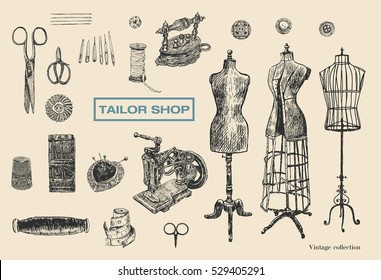 Vintage tailor shop. Tailor shears, needle, thread, spool of thread, Sewing Machine, thimble, charcoal iron, sartorial meter, buttons, pin-cushion, tambour. Hand drawn sewing tools. Female mannequins