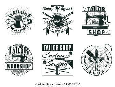 Vintage tailor workshop labels set with inscriptions accessories tools and equipment in monochrome style isolated vector illustration