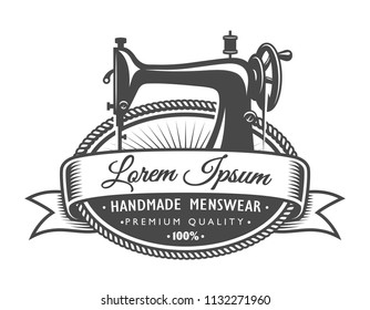 Vintage tailoring monochrome label with sewing machine and inscription isolated vector illustration