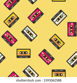 Vintage Tape Casette Theme Vector Seamless Pattern. For Textile Print, Web, Room Wall Decor, And Etc. Vector