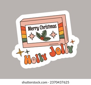 Vintage tape cassette. Retro mixtape, Merry Christmas music cassette. Vector illustration. Cool sticker