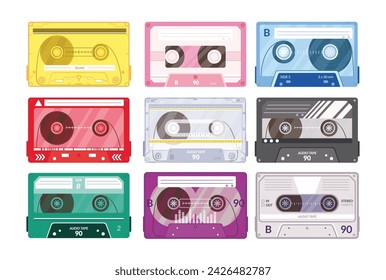 Vintage tape cassette. Retro mixtape, 1980s pop songs tapes and stereo music cassettes. 90s hifi disco dance audiocassette, analogue player record cassette. Isolated symbols vector set