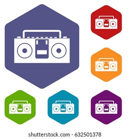 Vintage tape recorder for audio cassettes icons set hexagon isolated vector illustration