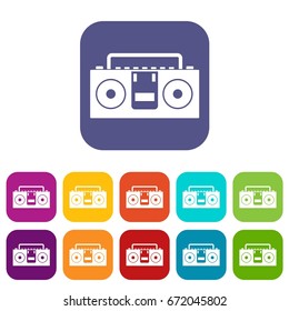 Vintage tape recorder for audio cassettes icons set vector illustration in flat style In colors red, blue, green and other