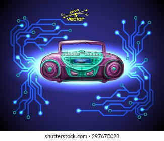 Vintage tape recorder computer upgrade, vector illustration for your design, 5 editable layers eps10