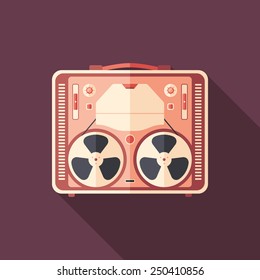 Vintage tape recorder flat square icon with long shadows.