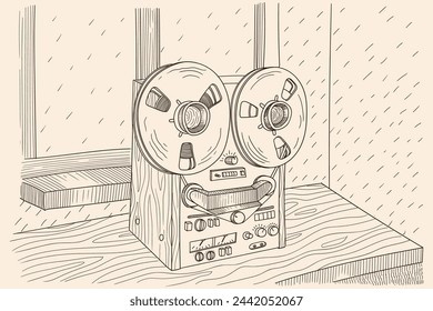 Vintage tape recorder for spool cassettes with magnetic tape.