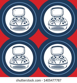 vintage tape recorder, vector simple color pattern, 1960's style, graphic, monogram, red, blue 