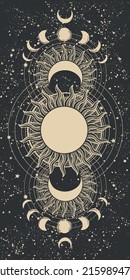 Vintage tarot background for witch, phases of the sun and moon, full moon on black night sky. Mystical story background for astrologer, zodiac, divination. Aesthetic flat vector illustration.