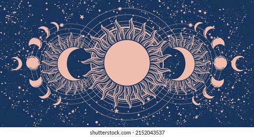 Vintage tarot banner, sun and moon phases, full moon on blue background. Mystical background for astrologer, zodiac, fortune telling. Aesthetic flat vector illustration.