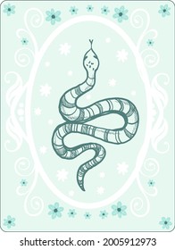 Vintage tarot card with snake and flowers illustration print. For girl - woman tee t shirt or poster