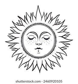 Vintage tarot sun with face with closed eyes and rays, celestial astrology logo, boho tattoo for zodiac. Magic hand drawn vector illustration isolated on white background.