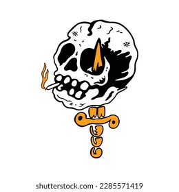 Vintage Tatto Skull With Dagger white background