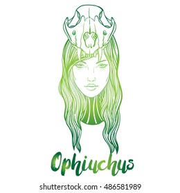 Vintage tattoo art. Highly detailed hand drawn Ophiuchus sign. Skull snake on girl line artvstyle. Engraved isolated vector illustration.