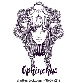 Vintage tattoo art. Highly detailed hand drawn Ophiuchus sign. Skull snake on girl line art style. Engraved isolated vector illustration.