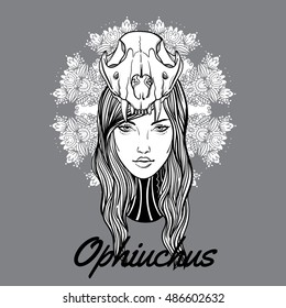 Vintage tattoo art. Highly detailed hand drawn Ophiuchus sign. Skull snake on girl line artvstyle. Engraved isolated vector illustration. label can be removed