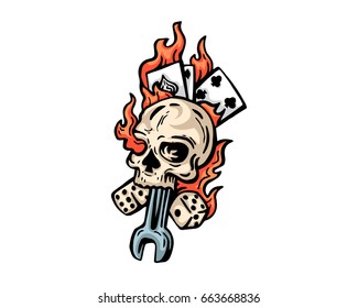 Vintage Tattoo Art Illustration - Flaming Skeleton Spade Head And Card